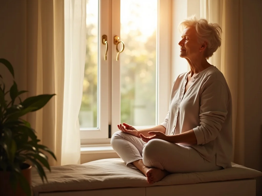 Gentle sunlight through a bedroom window with a cup of herbal tea, calm morning atmosphere